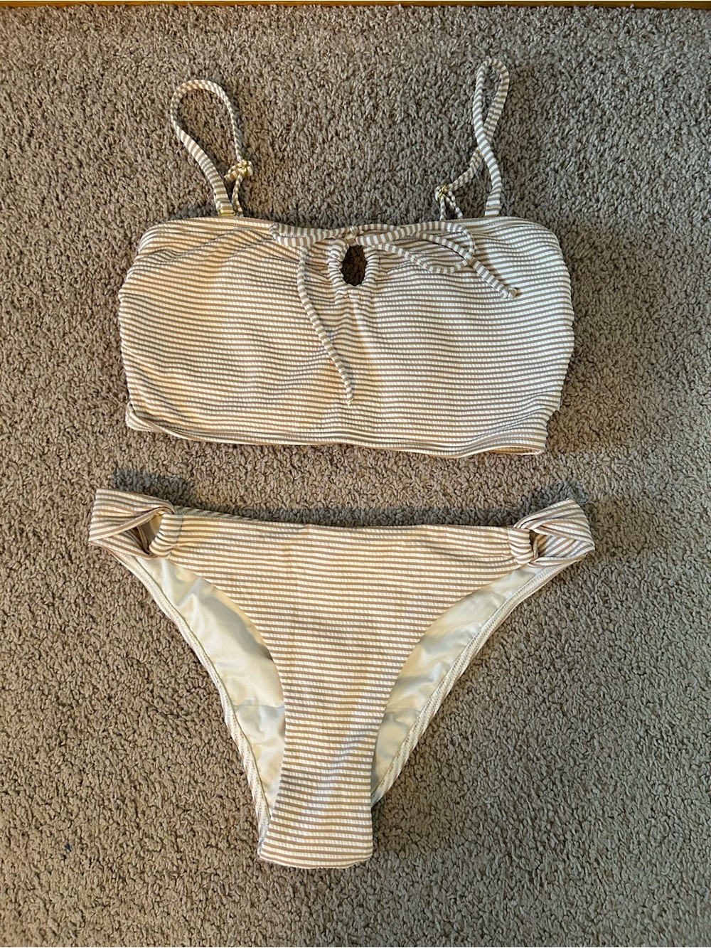 La Vie En Rose Beige and White Striped Bikini Set